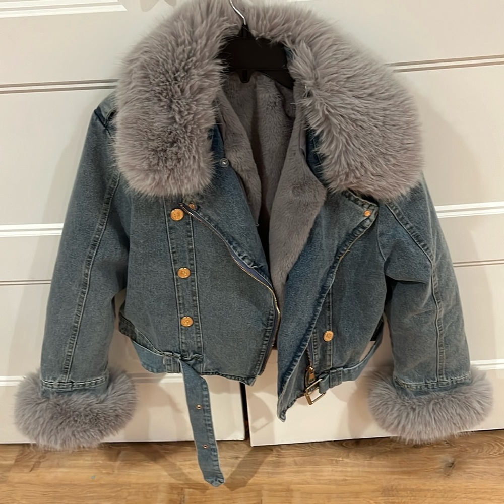 Luxury Faux Fur and Demin Jacket - warm in Winter Baby Blue